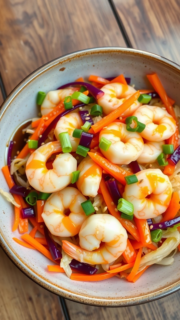 A delicious bowl of shrimp stir-fry with cabbage and carrots, garnished with green onions and sesame seeds.